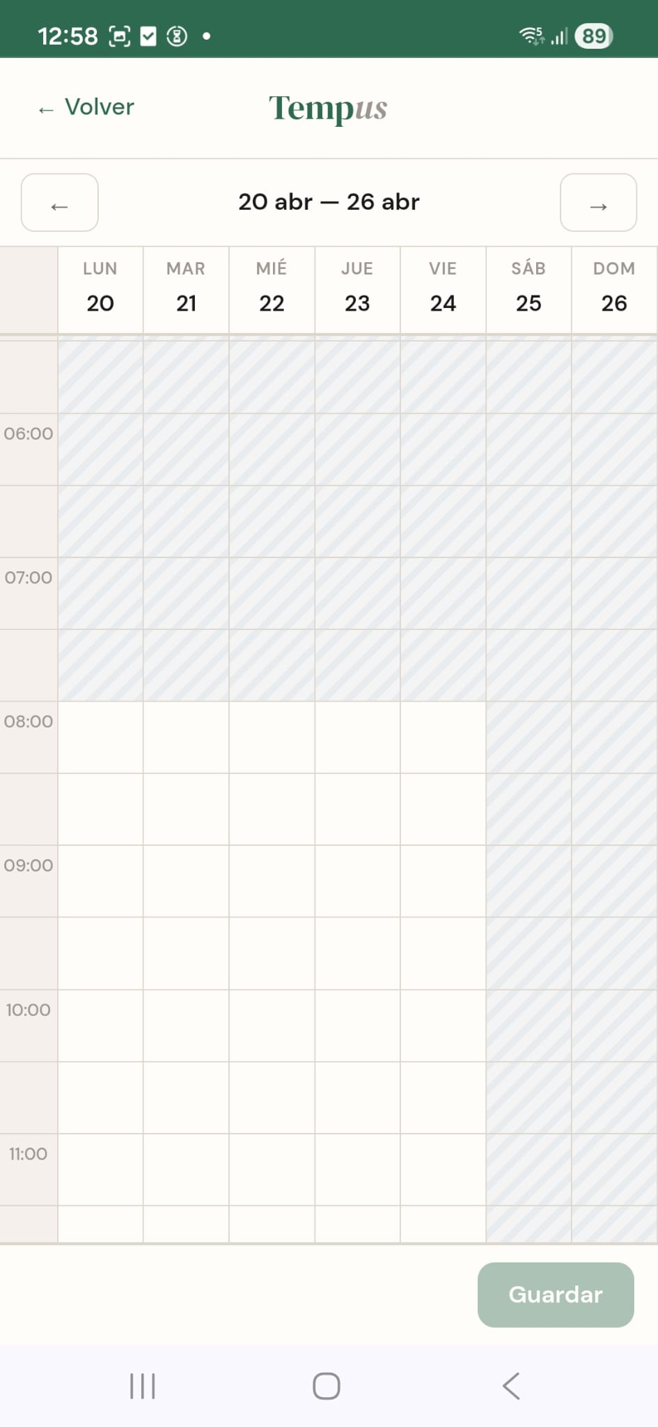 Agenda con horarios bloqueados en Tempus