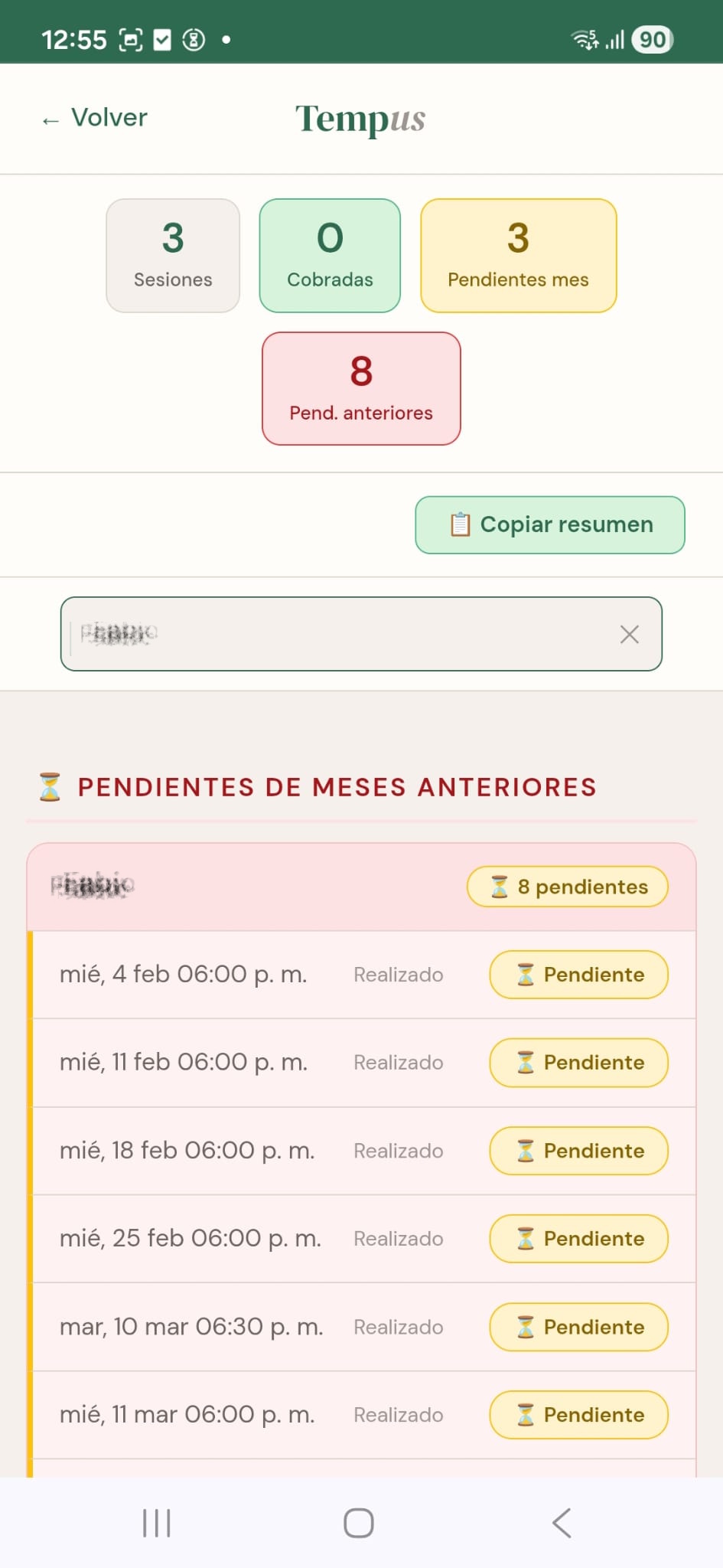 Pantalla de cobros y liquidaciones en Tempus