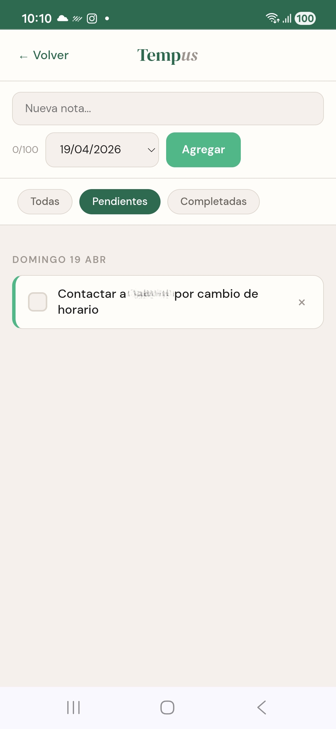 Pantalla de notas y tareas pendientes en Tempus
